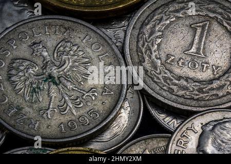 Un Zloty Polish Coins Close Up Macro Shot Foto Stock