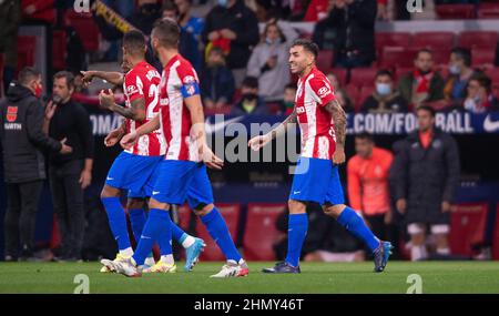 Wanda Metropolitano, Madrid, Spagna. 12th Feb 2022. La Liga Santander, Atletico Madrid contro Getafe CF; Angel Correa festeggia il suo obiettivo in 19th minuti per il credito 1-0: Action Plus Sports/Alamy Live News Foto Stock