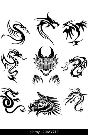 Silhouette Vector Dragons su sfondo bianco Illustrazione Vettoriale