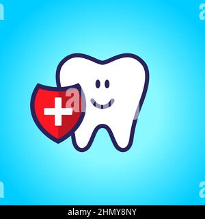 Dente protetto, sano, bianco, dente felice, odontoiatria, igiene orale. Proteggi con un segno più Illustrazione Vettoriale