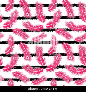 Design con motivo Feather rosa brillante su sfondo a strisce Illustrazione Vettoriale