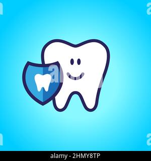 Dente protetto, sano, bianco, dente felice, odontoiatria, igiene orale. Protezione con il simbolo di un dente Illustrazione Vettoriale