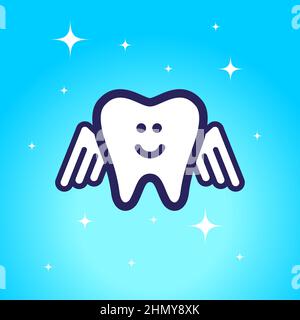 dente lucido con ali d'angelo su sfondo blu. concetto di odontoiatria e igiene orale Illustrazione Vettoriale