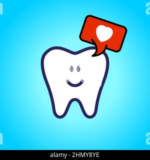 Dente protetto, sano, bianco, dente felice, odontoiatria, igiene orale. bolla del discorso con un simbolo d'amore, cuore Illustrazione Vettoriale