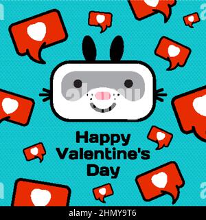 Card con San Valentino con un coniglio su sfondo con cuori. Vettore Illustrazione Vettoriale