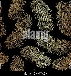 Oro tropicale Peacock Feather senza cuciture modello su sfondo nero Illustrazione Vettoriale