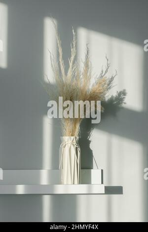 Decorazioni floreali per interni. Fiori secchi in vaso su ripiano bianco. Sfondo con luci d'ombra. Vita morta, concetto minimo Foto Stock
