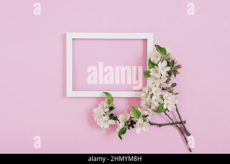 Banner con fiore e cornice fotografica bianca vuota su sfondo rosa con spazio di copia, spazio per testo libero. Officina di incorniciatura. Certificato di vacanza luminoso. Foto Stock