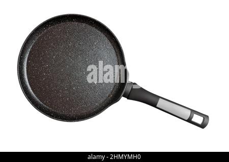 Padella nera con superficie antiaderente isolata su sfondo bianco, primo piano, vista dall'alto. Foto Stock