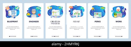 Onboarding per sito Web e app mobile. Modello vettoriale banner menu per lo sviluppo di siti Web e applicazioni. BluePrint, Ingegnere, processo di creazione, Re Illustrazione Vettoriale