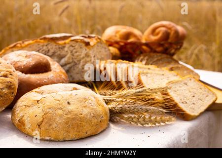 lotto di pane, grano, segale aromatizzato, sulla tavola all'esterno del campo Foto Stock