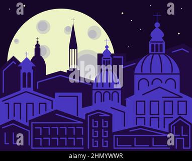 Roma è la capitale d'Italia. Luna piena sulla città vecchia. Architettura europea silhouette paesaggio urbano notte. Stile piatto Illustrazione Vettoriale