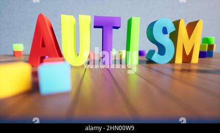 Salute mentale Autismo consapevolezza giorno colore testo copertina disegno 3D rendering Foto Stock