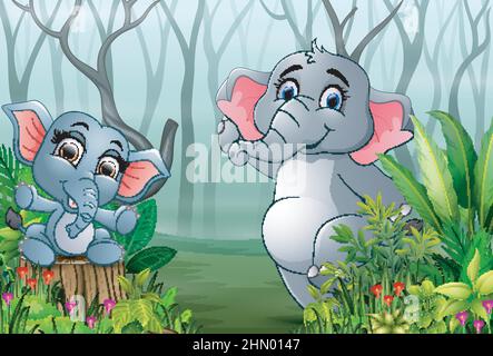 Due elefanti nella foresta con albero secco di fondo rami Illustrazione Vettoriale