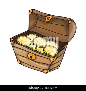 Tesoro scatola luminosa in legno, illustrazione vettoriale del petto con oro, molte monete, isolato su sfondo bianco Illustrazione Vettoriale