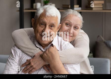 Happy senior coppia sposata video chiamata testa scatto Foto Stock