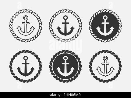 Set di logo con anello di ancoraggio e corda. Gruppo di simboli del tema nautico. Elementi di design vintage per la vela e il mare. Emblema o badge marino. Fune rotonda con ancoraggio Illustrazione Vettoriale