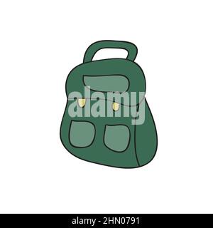 Zaino da viaggio in stile Doodle. Turismo, escursioni, viaggi. Illustrazione vettoriale isolata su sfondo bianco. Semplice icona disegnata a mano Illustrazione Vettoriale