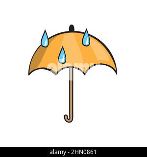 Ombrello giallo e gocce di pioggia icona. Ombrello giallo isolato su sfondo bianco. Ombrello in stile cartone animato Illustrazione Vettoriale