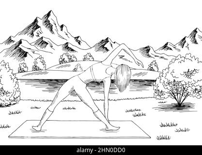 Donna che pratica yoga nel parco grafico bianco nero paesaggio disegno vettore illustrazione Illustrazione Vettoriale