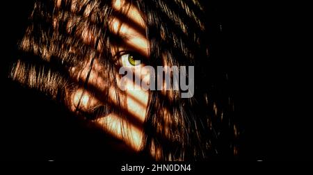 Ragazza con occhi verdi che guarda lontano dalla telecamera, spaventa. Le ombre dalle tende della finestra sono viste attraverso il suo volto. Foto Stock