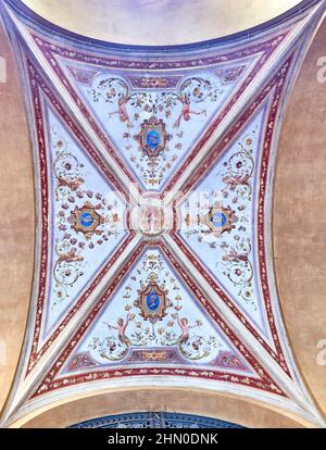 Affresco individuale sul soffitto (pannello 8 lungo via Piazza Cavour) di Portici di Bologna. Foto Stock