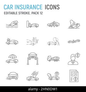 Set di icone linea assicurazione auto, collezione di incidenti auto, grafica vettoriale, illustrazioni logo, icone vettore assicurazione auto, segni di incidente auto, pittogrammi profilo, tratto modificabile Illustrazione Vettoriale