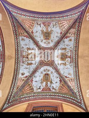 Affresco individuale sul soffitto (pannello 2 lungo via Farini) di Portici di Bologna. Foto Stock