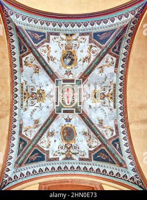 Affresco individuale sul soffitto (pannello 8 lungo via Farini) di Portici di Bologna. Foto Stock