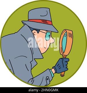 Vetro detective e Magnifying, icona. Un detective privato, un uomo in un cappotto, cappello e occhiali Illustrazione Vettoriale