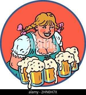 Festa della birra, oktoberfest. La cameriera è una giovane donna con tazze di birra in abiti tedeschi nazionali Illustrazione Vettoriale