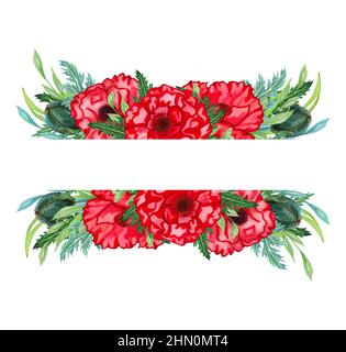 Acquerello papavero fiori. Bel bouquet luminoso con papaveri rossi e foglie verdi. Banner con papaveri rossi. Composizioni dipinte a mano con papaveri rossi Foto Stock