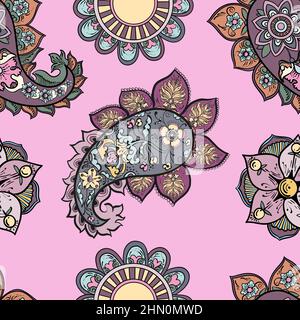 Illustrazione raster senza cuciture paisley pattern con motivi su sfondo rosa. Illustrazione di alta qualità Foto Stock