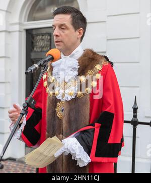 Marylebone, Londra, Regno Unito 7th febbraio 2022. Lord Mayor di Westminster Cllr Andrew Smith discorso dal 1st e l'unica residenza della regina Haitiana Foto Stock