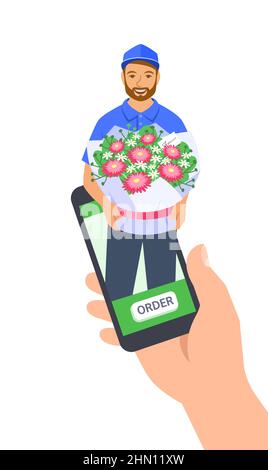 Consegna espressa di fiori freschi. L'uomo di consegna contiene il bouquet floreale. Il cliente effettua un ordine online tramite l'app per telefono cellulare. Servizio di consegna in negozio floreale WO Illustrazione Vettoriale