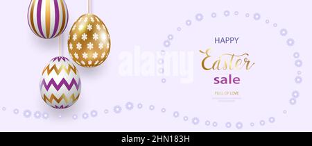 Allegra scritta pasquale con uova d'oro viola realistiche. Ripetizioni geometriche. Biglietto d'auguri, invito, poster, modello di banner. Vettore Illustrazione Vettoriale
