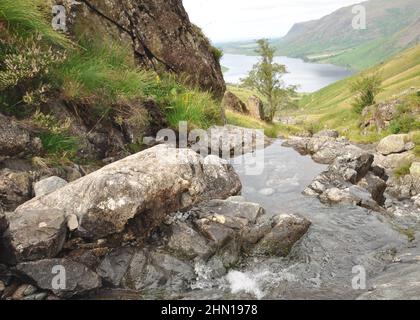 Scafell Pike, Lake District, guardando verso Wast Water con ruscello, piscine e rocce in primo piano che corre verso il lago. Foto Stock