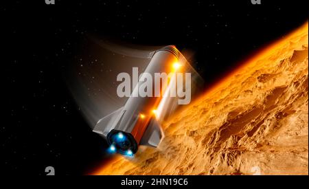 Veicolo spaziale Starship che atterra su Marte. Scudo termico del veicolo. Viaggi interplanetari verso nuovi mondi. Atmosfera marziana Foto Stock