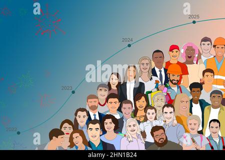 La crescita della comunità e il numero di lavoratori sociali aumentano il concetto di persona minuscola. Freccia demografica nazionale o personale di affari, disoccupazione, seguaci Foto Stock