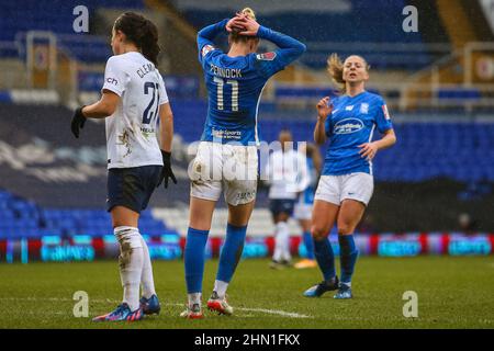 Birmingham, Inghilterra, 13th Febbraio Jade Pennock (11 Birmingham City) sembra abbattuto nella partita WSL tra Birmingham City e Tottenham Hotspur a St. Andrews. Gareth Evans/SPP Credit: SPP Sport Press Photo. /Alamy Live News Foto Stock