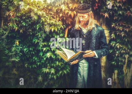 Alchemist in un bel vestito ornamentale in natura. Effetto pittura. Foto Stock