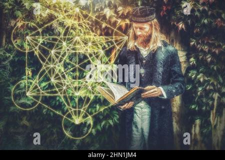 Alchemist in un bel vestito ornamentale in natura. Effetto pittura. Foto Stock