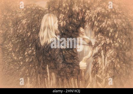 Alchemist in un bel vestito ornamentale in natura e disegno efect. Foto Stock