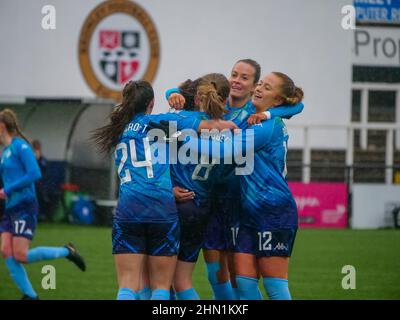 Bromley, Kent, Regno Unito. 13th Feb 2022. Bromley FC Stadium, Hayes Lane, Bromley, Kent 13th febbraio 2022 London City Lionesses festeggia il loro quinto gol nella partita tra Crystal Palace Women vs London City Lionesses nel campionato femminile fa al Bromley FC Stadium, Hayes Lane, Bromley il 13th febbraio 2022 Claire Jeffrey/SPP credito: SPP Sport Press Photo. /Alamy Live News Foto Stock