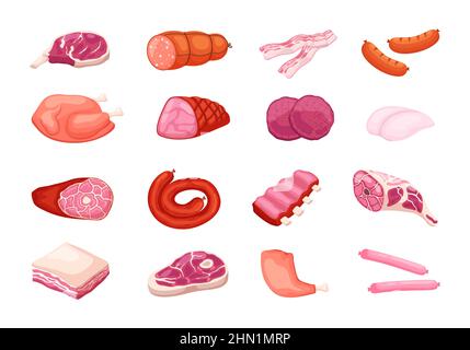 Cartoni animati a base di carne. Carne di maiale cruda, bistecca di manzo, pollo e agnello, salsiccia, pancetta e salame, diversi semi-finiti gastronomici, animali Illustrazione Vettoriale