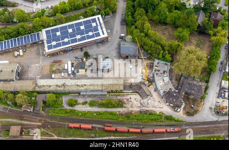 Fotografia aerea, ex villa Heitkamp, cantiere e nuovo edificio per appartamenti a Langkampstraße, TROPOS MOTORS EUROPE GmbH con pannello solare, Foto Stock