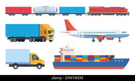 Set di icone per il trasporto merci. Trasporto merci e consegne, logistica e traffico merci, illustrazione vettoriale. Include nave da carico, camion, camion, treno, aereo. Illustrazione Vettoriale