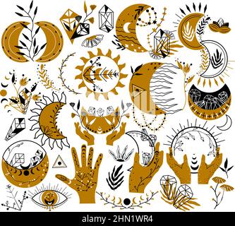 Fase celeste della Luna. Luna celeste mistica, occhi mistici, cristallo, foglia, luna floreale. Modella bohémien Witchcraft. Astronomia, misterioso lunare set. Collezione Big Boho Style. Illustrazione vettoriale. Illustrazione Vettoriale