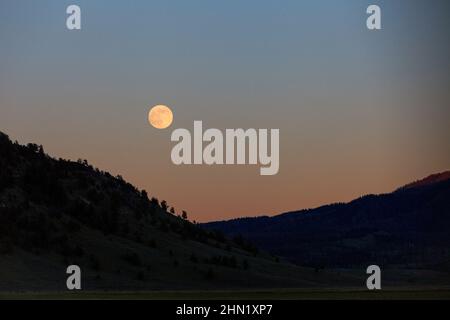 Luna piena che si innalza sul paesaggio al crepuscolo, Grand Teton NP, Wyoming, USA Foto Stock