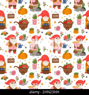 Simpatico giardino gnomes modello senza giunture. Simpatici piccoli uomini bearded. Fiori, piante, lumache e verdure, carrelli con bacche, fondo vettoriale. Arredamento Illustrazione Vettoriale